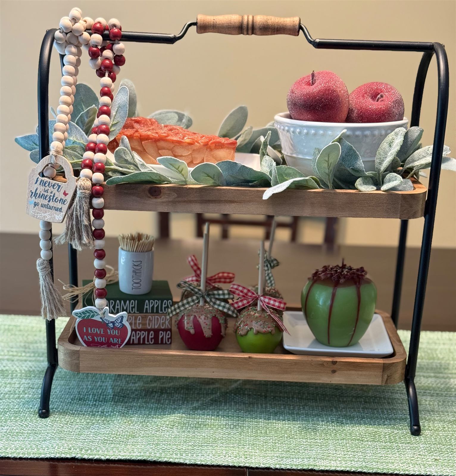 Two-tier tray styled with caramel apple decor