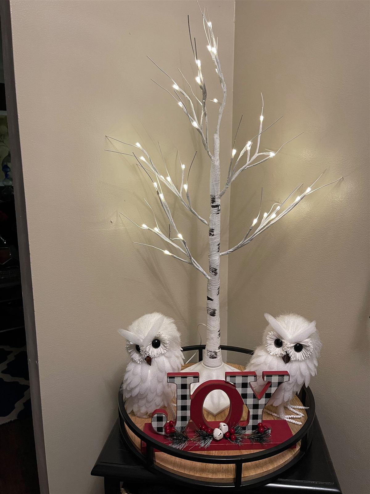 Lighted birch tree with white owls and a JOY sign
