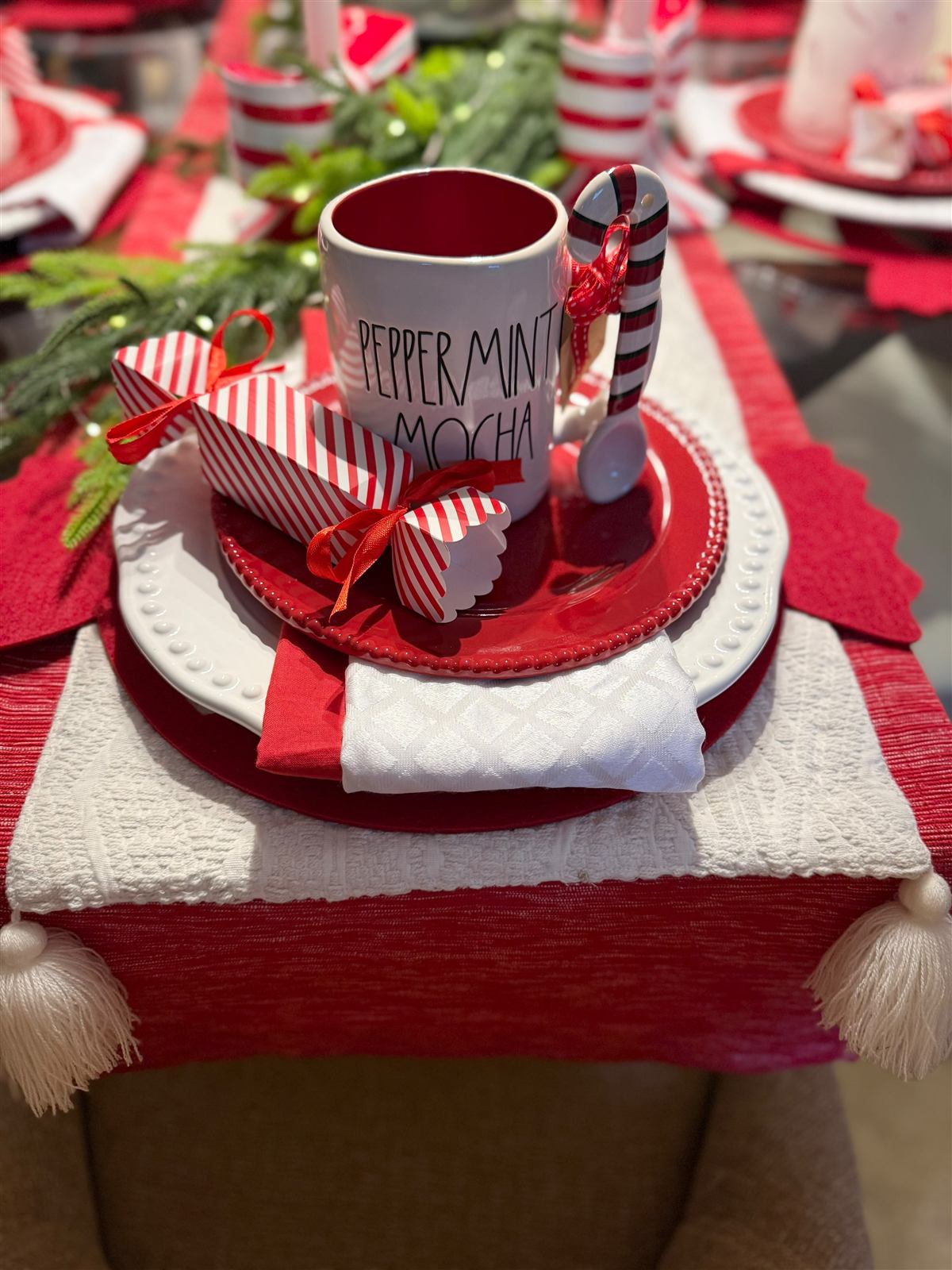 Peppermint mocha mug place setting with striped favor box
