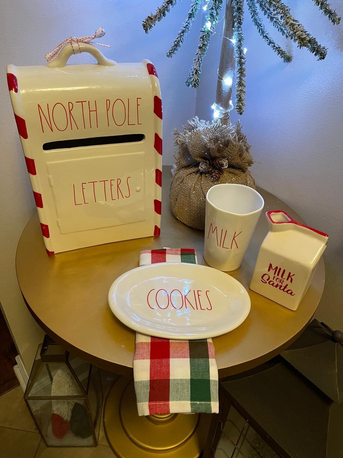 North Pole letters mailbox with milk and cookies plate for Santa